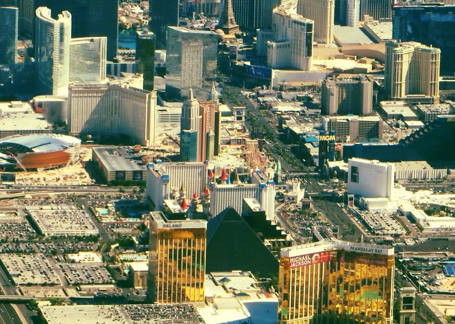 Aerial view of the Las Vegas Strip resort corridor in Paradise, Nevada